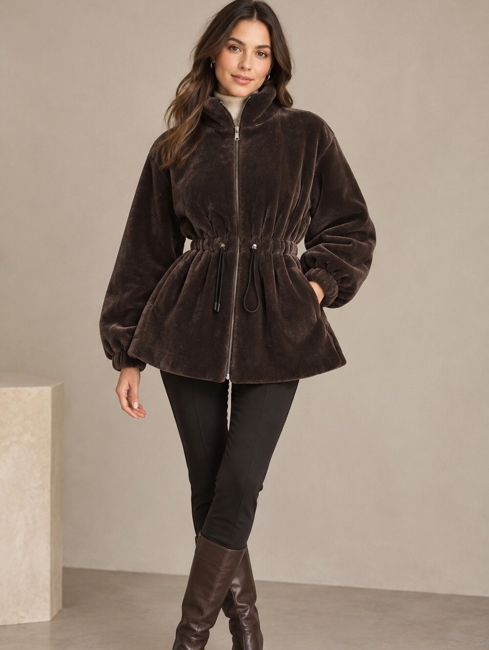 Plush Faux Fur Zip-Front Coat - Brown